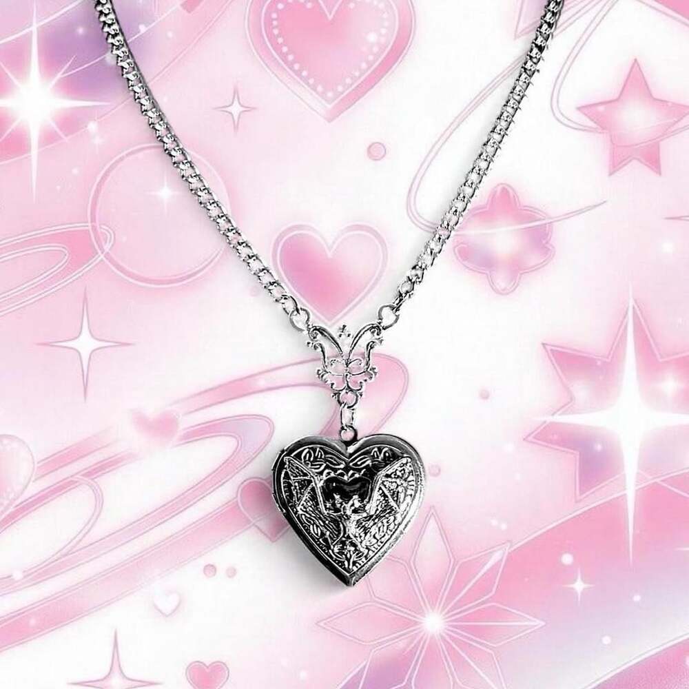 Surgical Steel Silver Choker Bat Wing Heart Locket Necklace